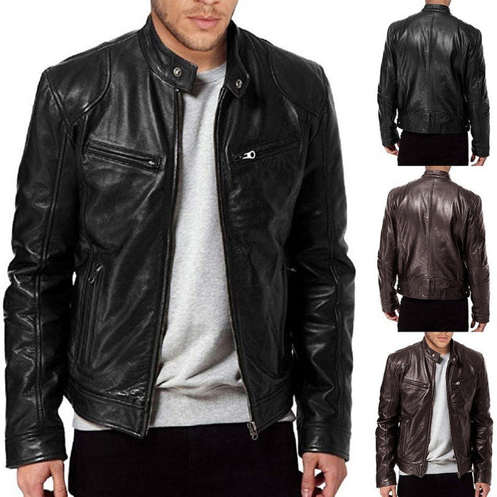 Black leather jacket worn by a person, shown from multiple angles on a white background.
