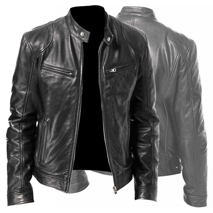 close up zip pocket detail PU leather jacket men