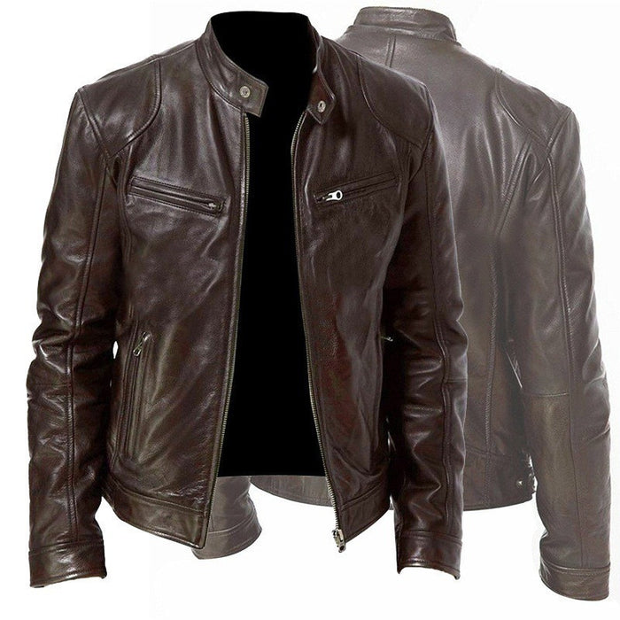 Brown leather jacket shown from front and back on a white background
