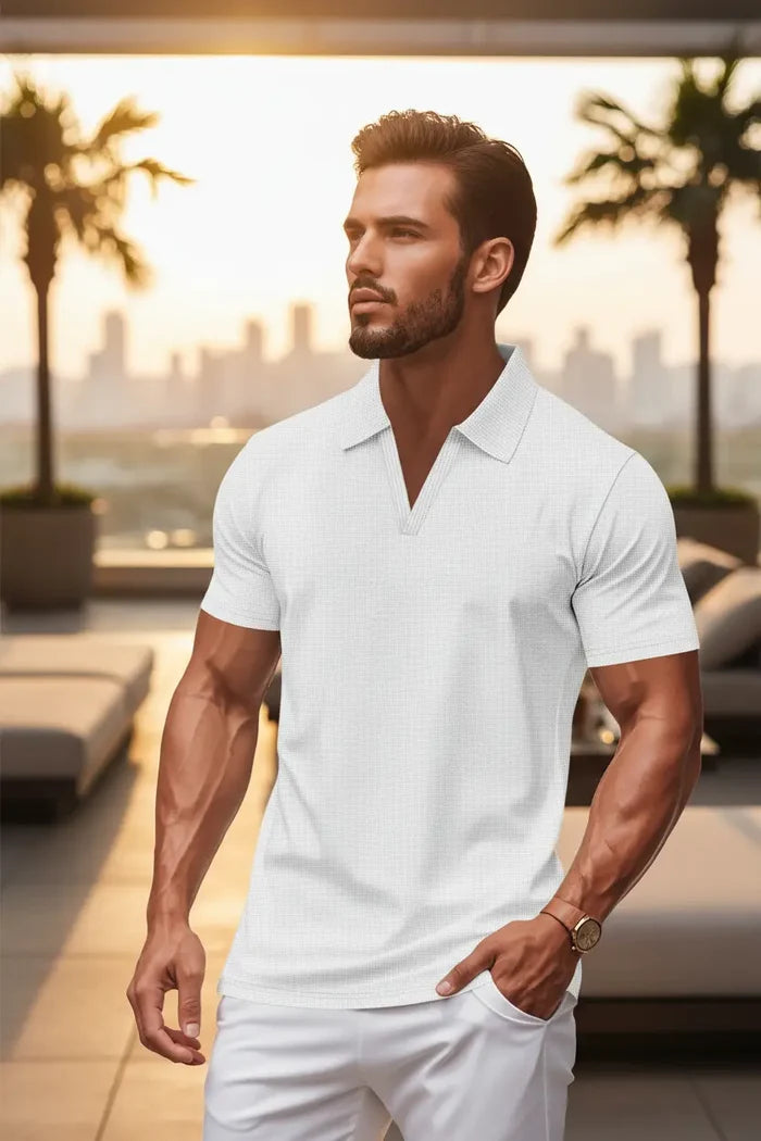 men summer polo shirt khaki relaxed urban lifestyle setting