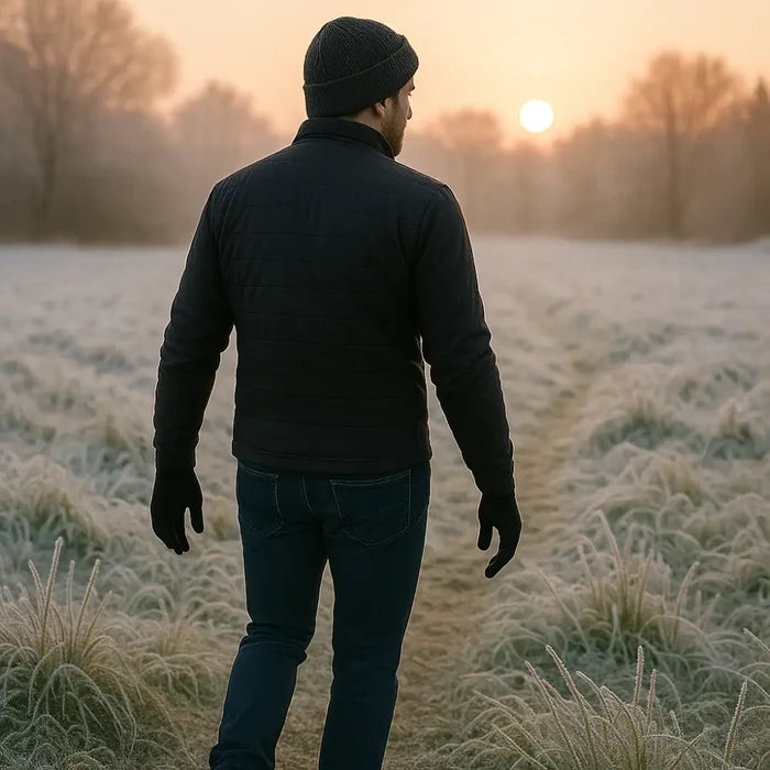 Person walking in a frosty field at sunset wearing a pair of Sub Zero merino wool liner gloves