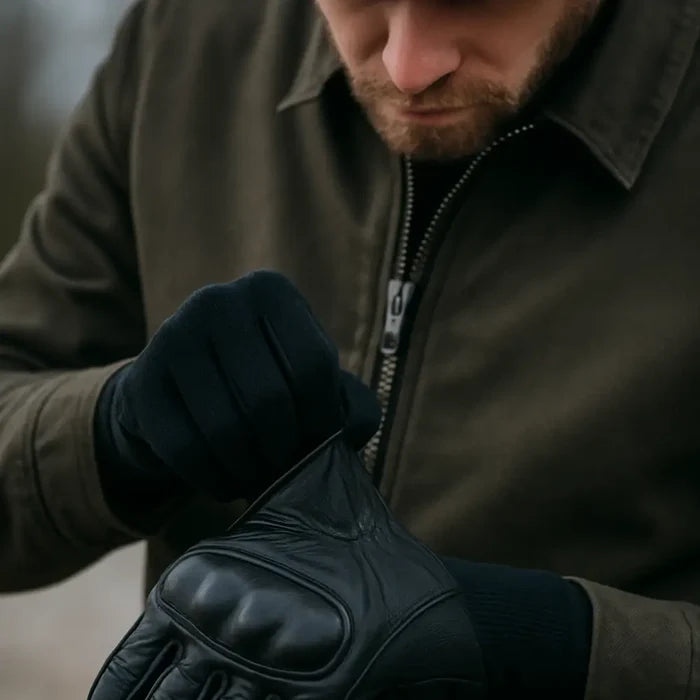 Man putting on a black leather glove over a sub zero merino glove liner against a neutral background