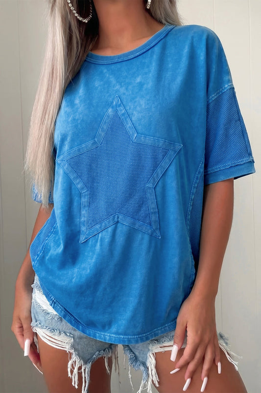 Mineral Wash Star Mesh Patchwork Oversize Tee – Blue