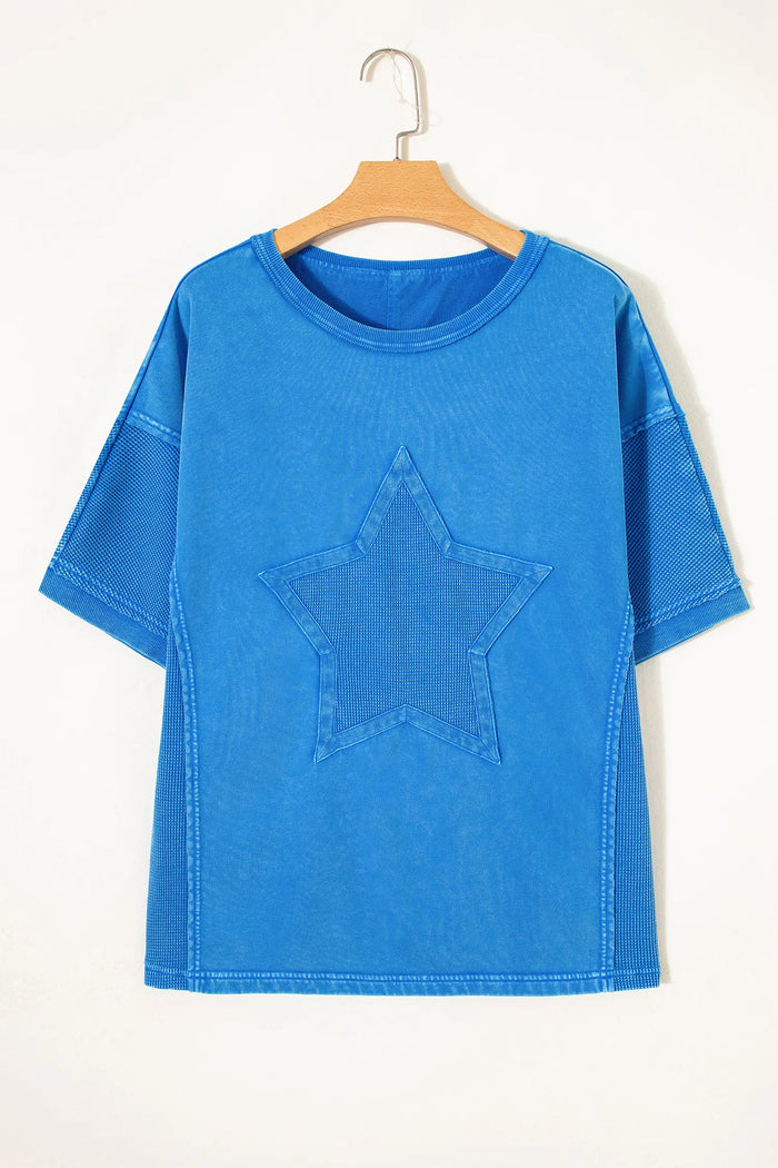 Mineral Wash Star Mesh Patchwork Oversize Tee – Blue