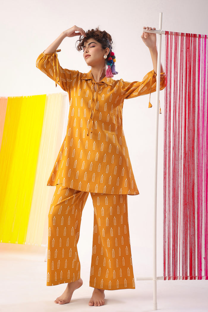 Minimalist Motif On Mustard Cotton Flex Co-ord Set