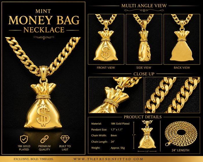Mint 18K gold plated fashion money bag chain charm, stylish accessory with detailed money bag design for jewelry or bag decoration.