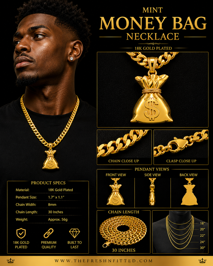 Mint 18K gold plated fashion money bag chain charm, stylish accessory with detailed money bag design.