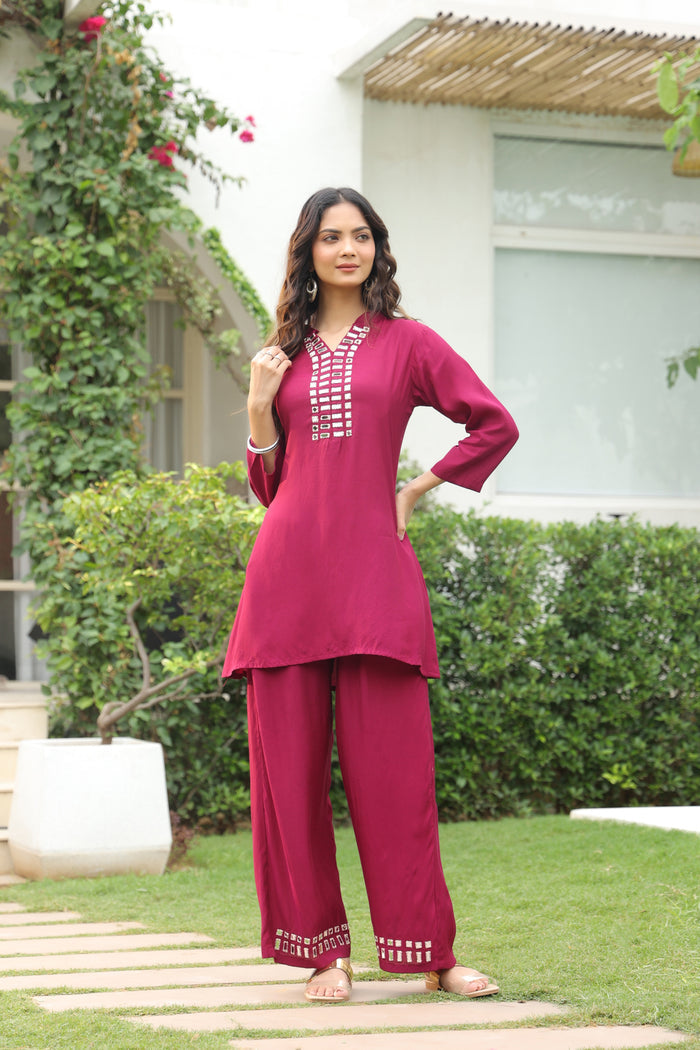Mirror Work Purple Solid Russian Silk Co-ord Set