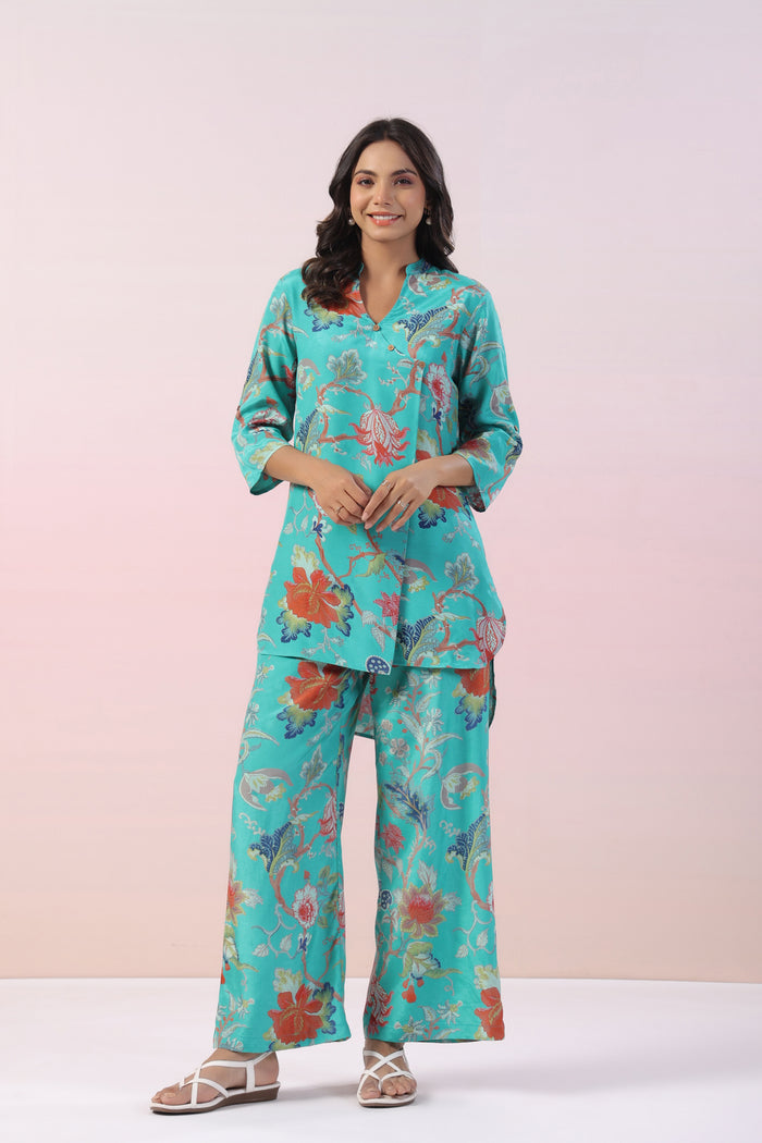 Misty Ocean Floral Russian Silk Co-ord Set