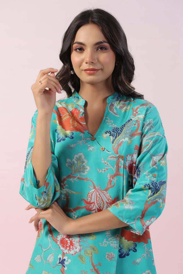 Misty Ocean Floral Russian Silk Co-ord Set