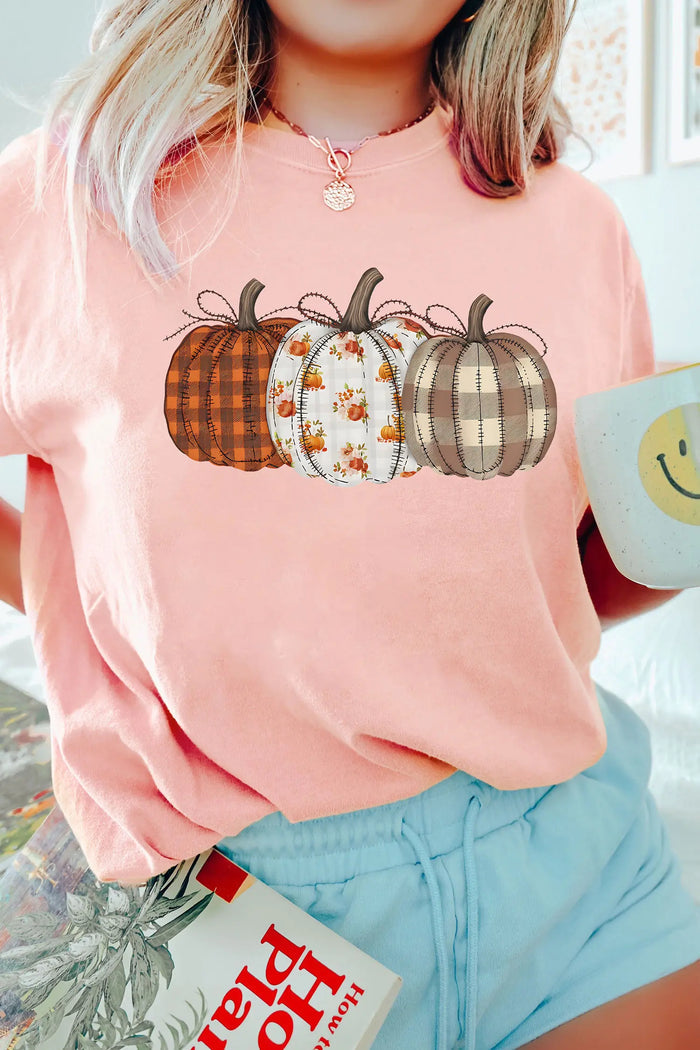 Mix Pattern Pumpkin Print Round Neck T Shirt – Pink