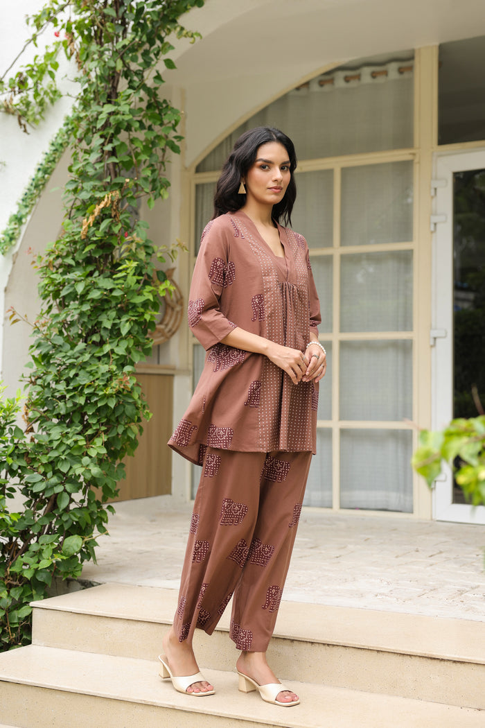 Mocha Elephant Printed Cotton Co-ord Set