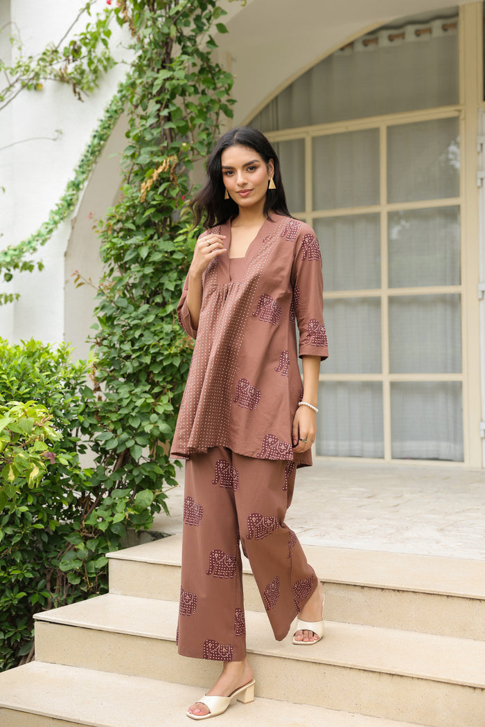 Mocha Elephant Printed Cotton Co-ord Set