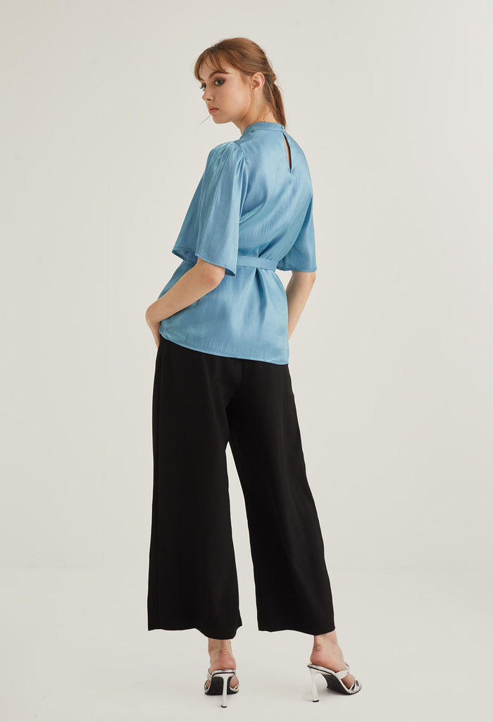 Mock Neck Belted Blouse