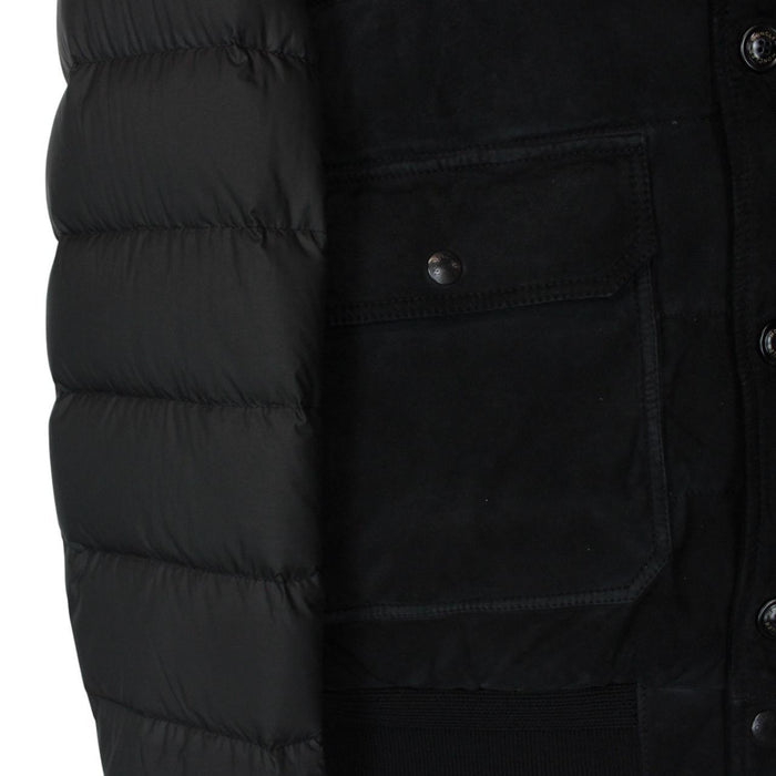 Moncler black suede leather down jacket with full zip and missing badge detail.