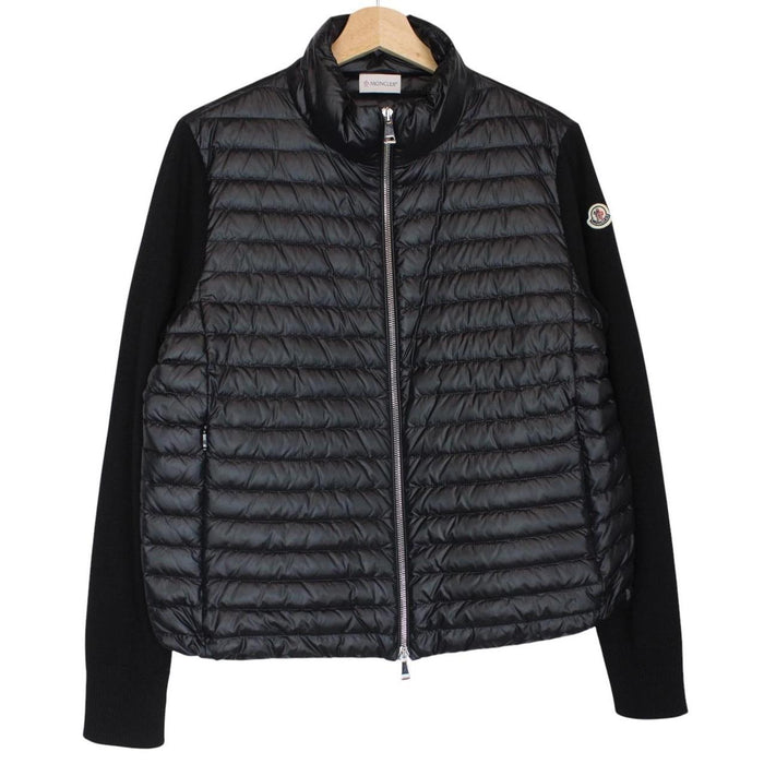Moncler black cardigan jacket with full zip, down tricot material, and logo detail.