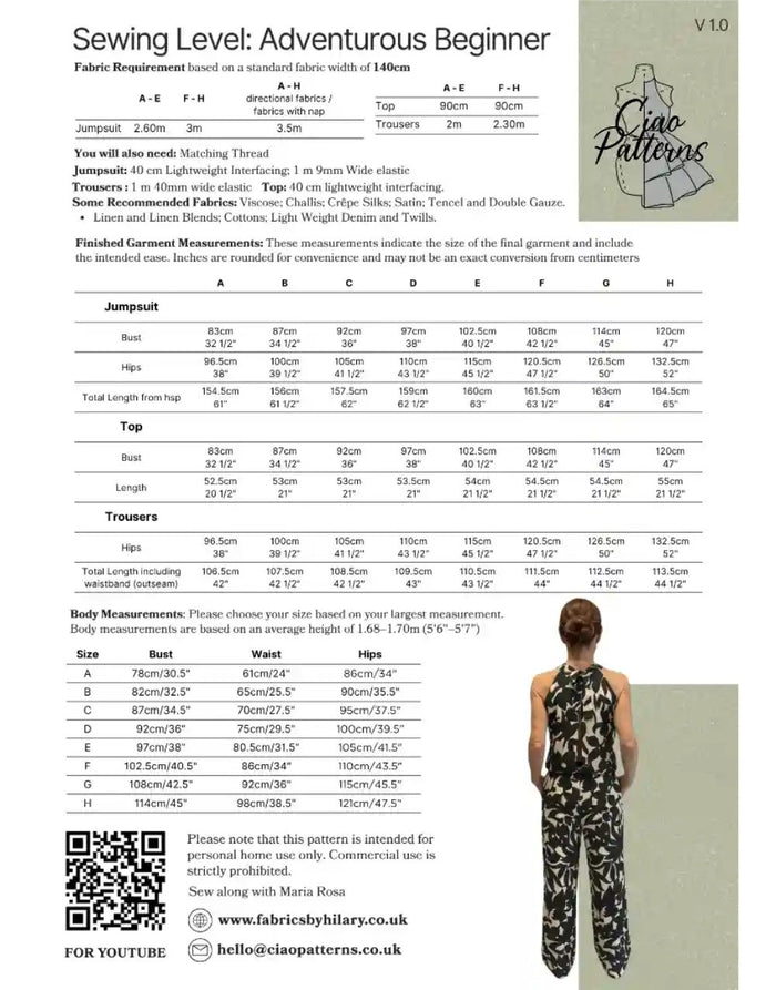 Monica 3 in 1 Jumpsuit/Trousers and Top Paper Sewing Pattern, Ciao Patterns
