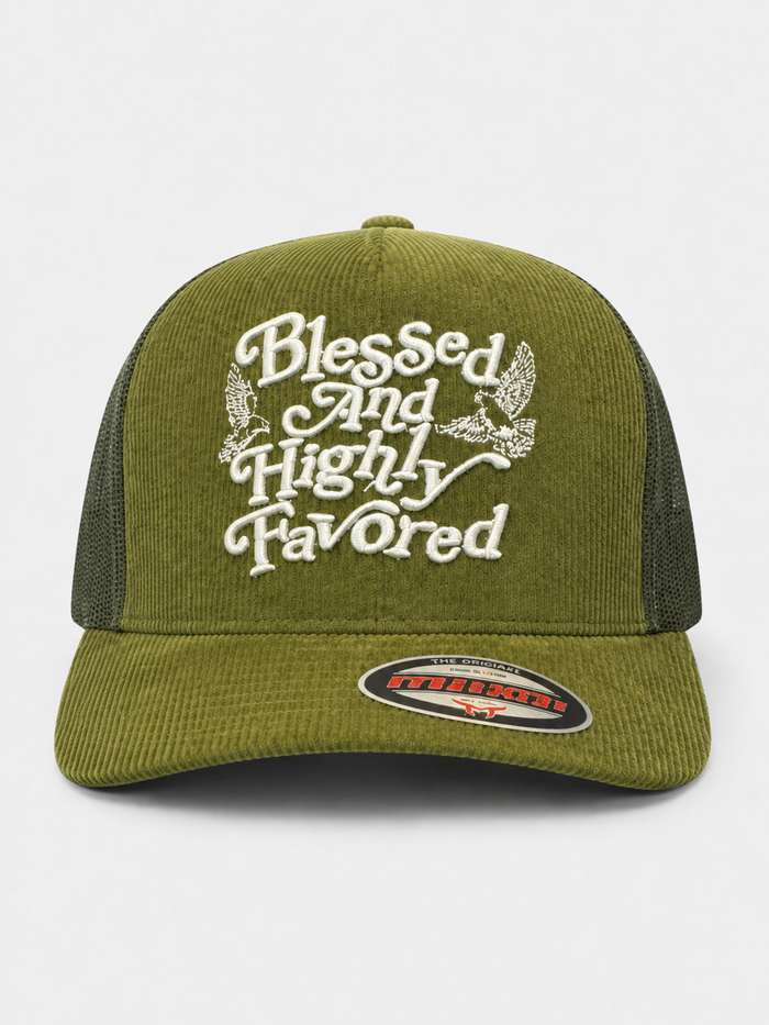 MUKA 'Blessed And Highly Favored' Corduroy Trucker Hat in Olive