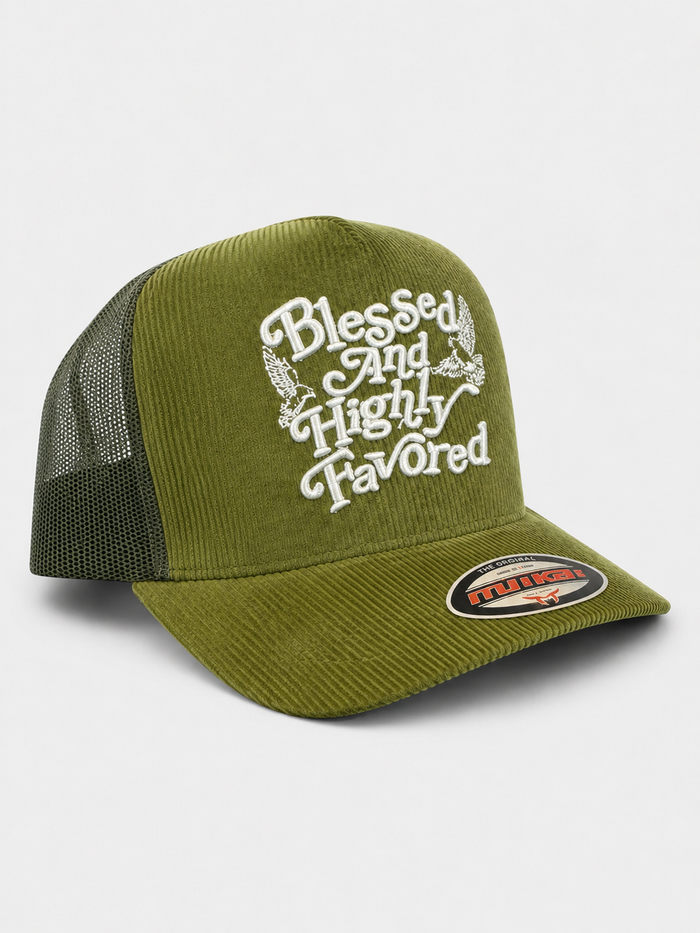 MUKA 'Blessed And Highly Favored' Corduroy Trucker Hat in Olive