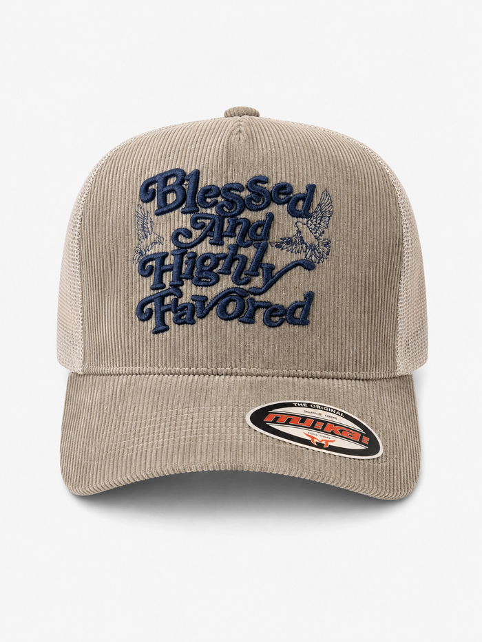 MUKA 'Blessed And Highly Favored' Corduroy Trucker Hat in Stone Grey