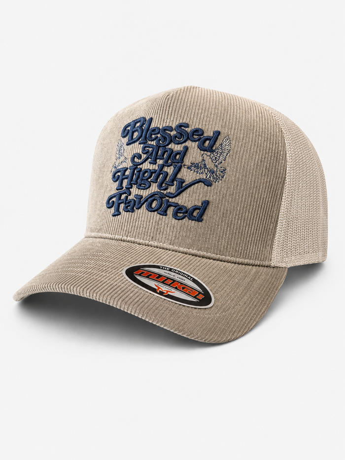 MUKA 'Blessed And Highly Favored' Corduroy Trucker Hat in Stone Grey