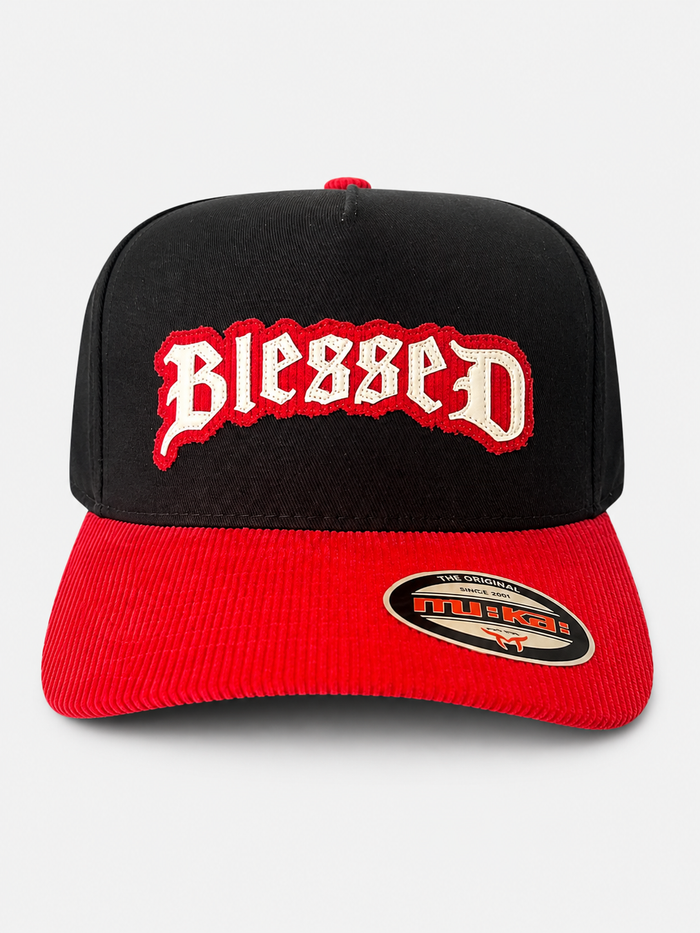 MUKA 'Blessed Patch' Corduroy Snapback Hat in Black/Red