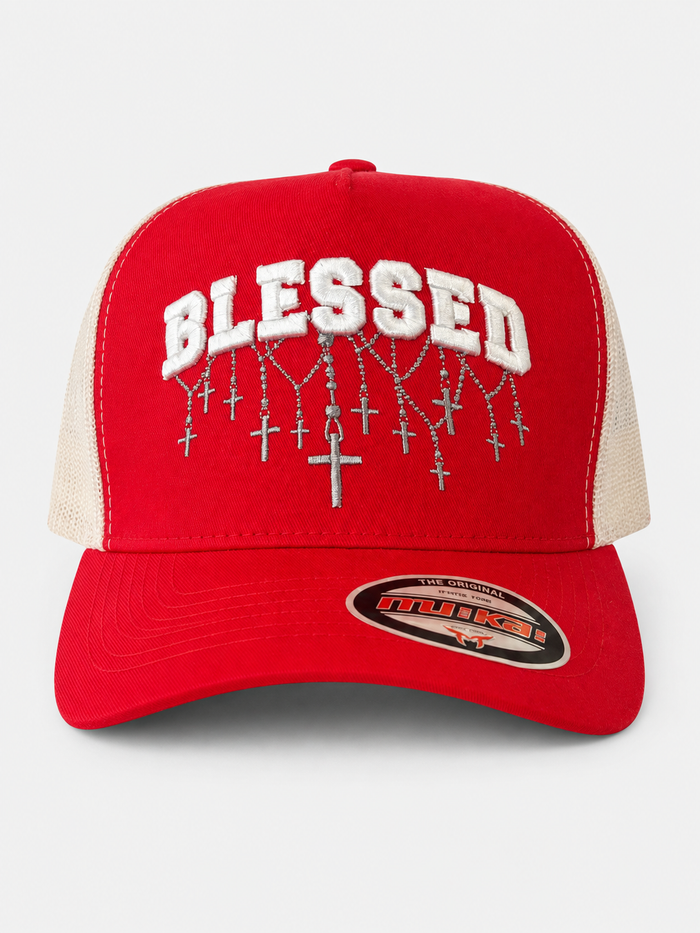 MUKA 'Blessed' Trucker Hat in Red/White