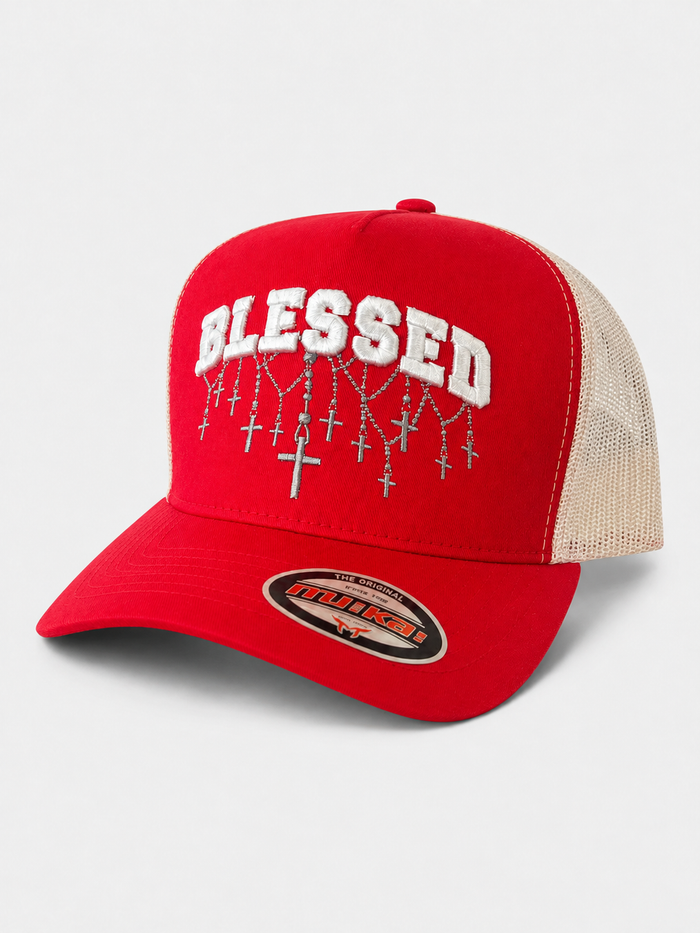 MUKA 'Blessed' Trucker Hat in Red/White