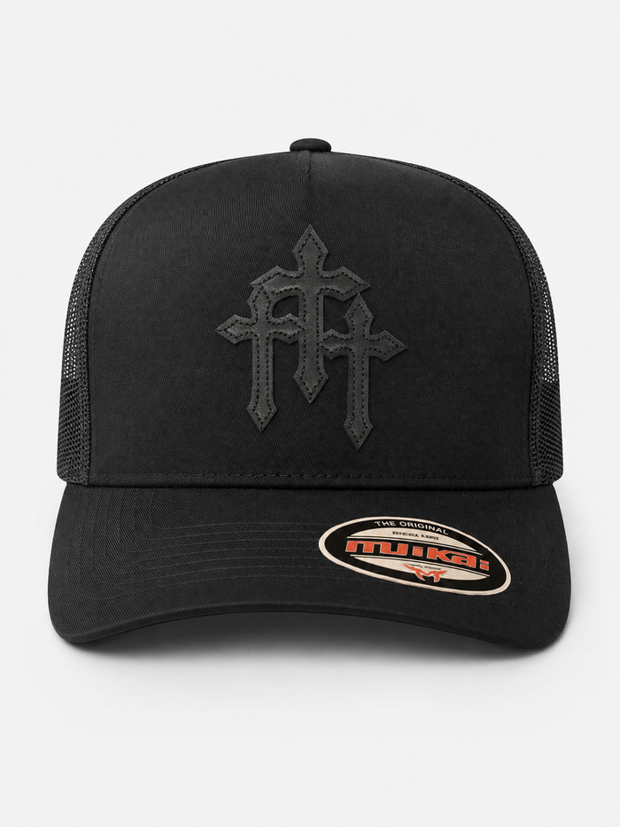 MUKA 'Cross Leather Patch' Trucker Hat in Black
