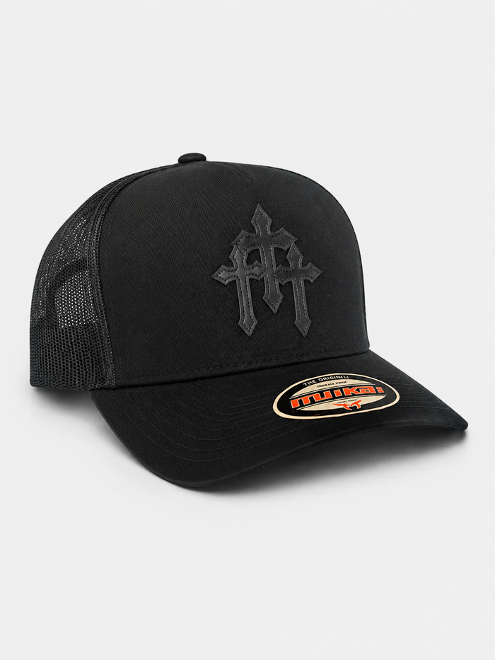 MUKA 'Cross Leather Patch' Trucker Hat in Black