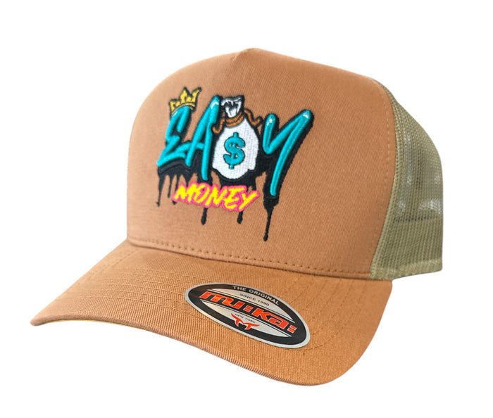 Muka EA$Y Money trucker hat in timber and olive with adjustable snapback, casual accessory for streetwear style.