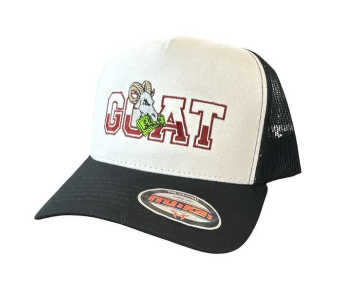 Muka 'GOAT' black and white trucker hat with mesh back and adjustable strap, stylish accessories for casual wear.