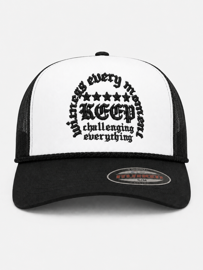 MUKA 'Keep Challenging' Trucker Hat in White/Black