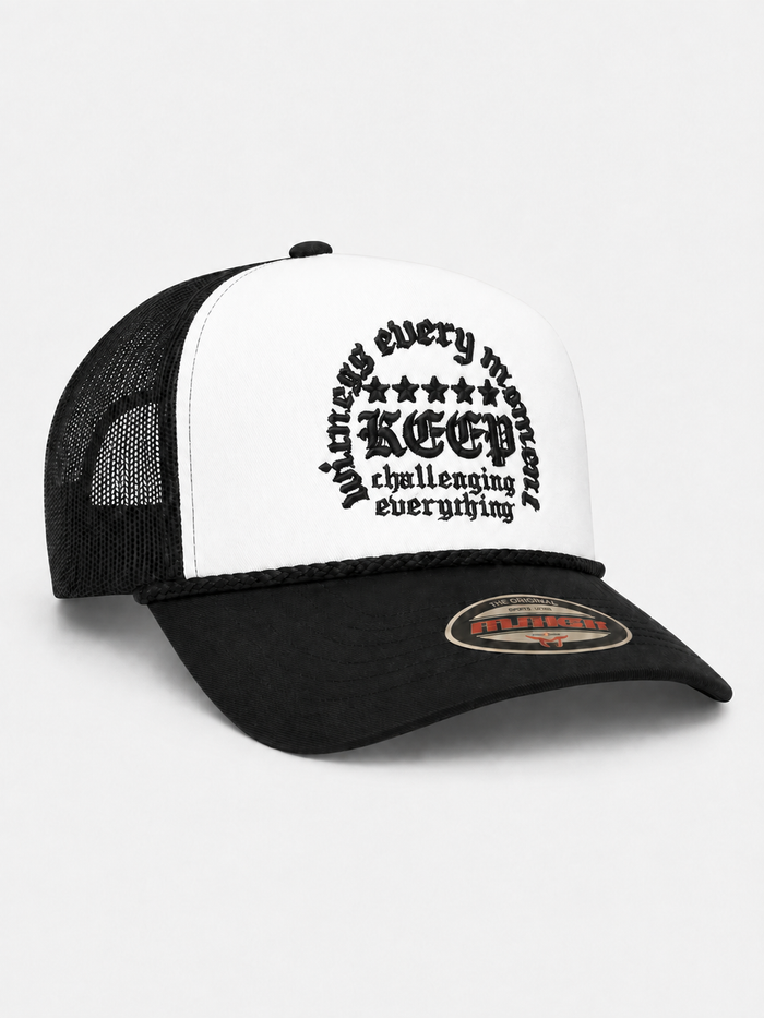 MUKA 'Keep Challenging' Trucker Hat in White/Black