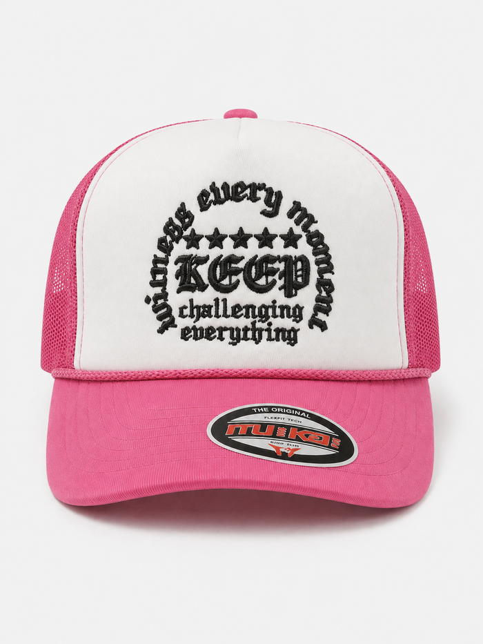 MUKA 'Keep Challenging' Trucker Hat in White/Hot Pink