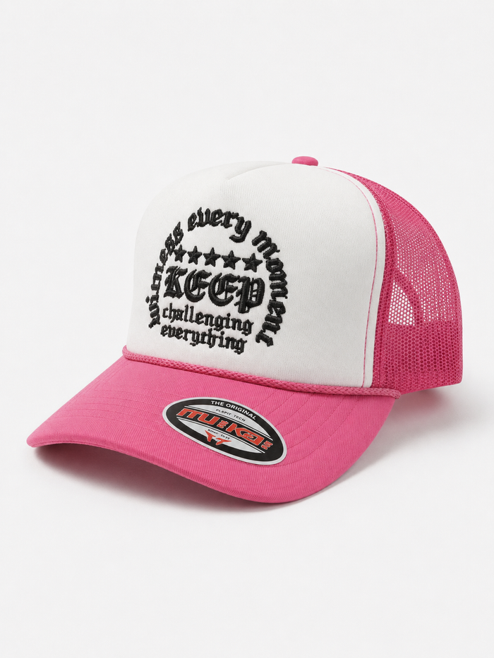 MUKA 'Keep Challenging' Trucker Hat in White/Hot Pink