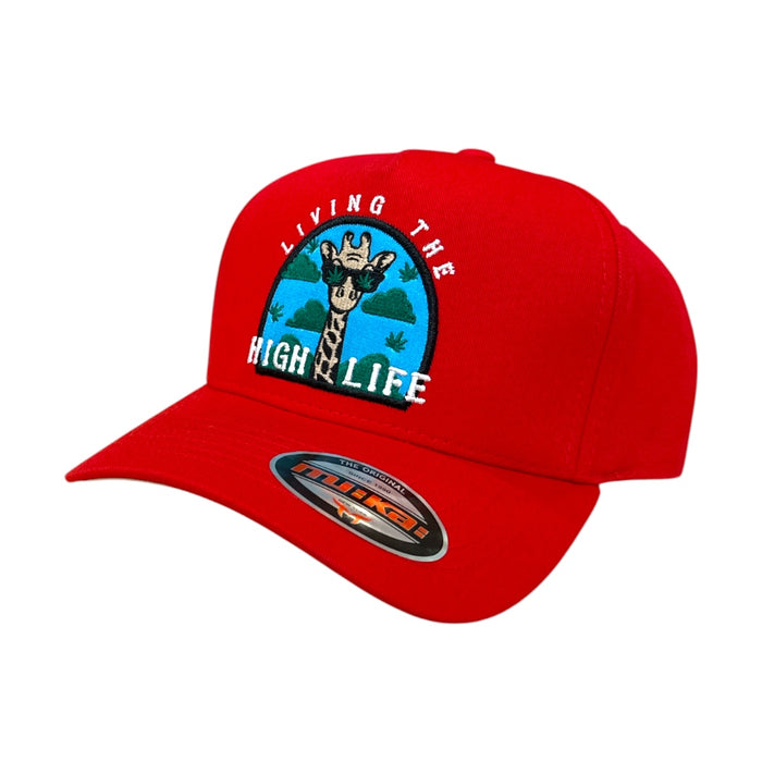 Red MUKA 'Living The High Life' snapback hat with adjustable strap and bold embroidered logo, stylish accessories for casual wear.