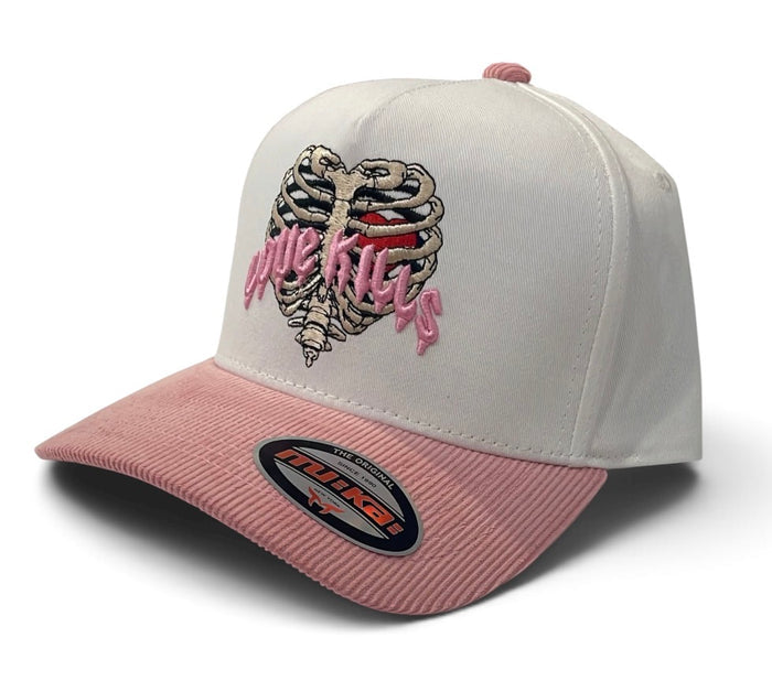 MUKA 'Love Kills' Corduroy Snapback Hat in White/Pink