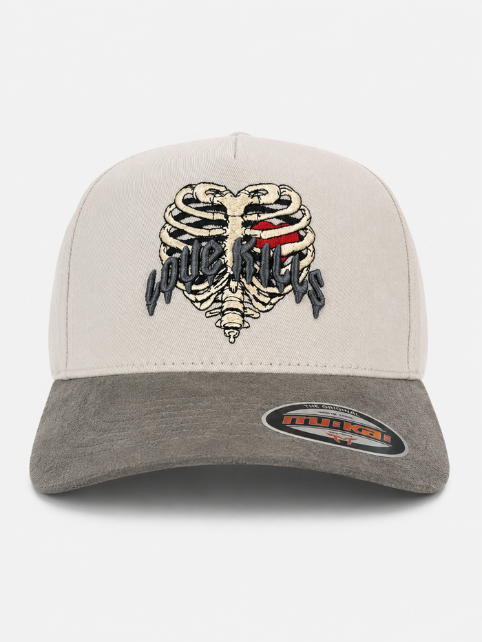 MUKA 'Love Kills' Suede Snapback Hat in Light Grey/Dark Grey
