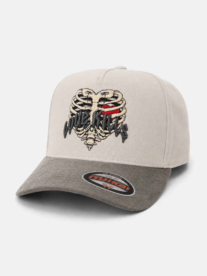 MUKA 'Love Kills' Suede Snapback Hat in Light Grey/Dark Grey
