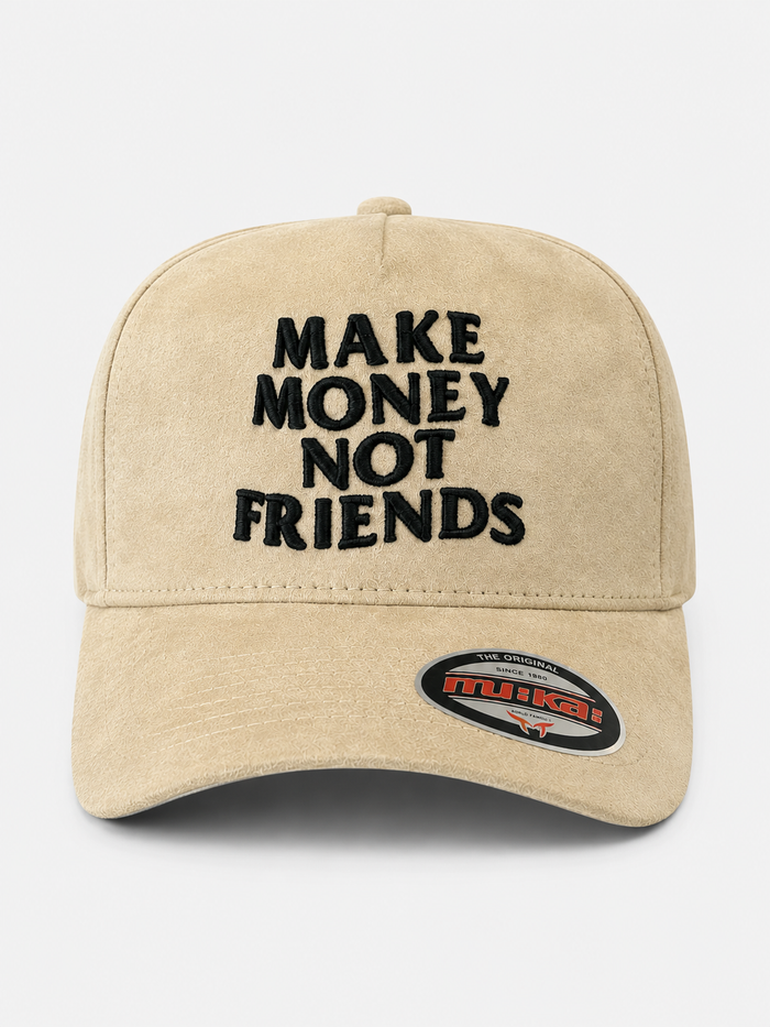 MUKA 'Make Money Not Friends' Suede Snapback Hat in Sand