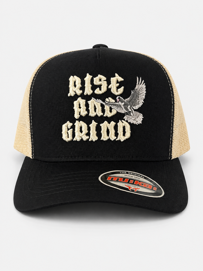 MUKA 'Rise And Grind Dove' Trucker Hat in Black/Ivory