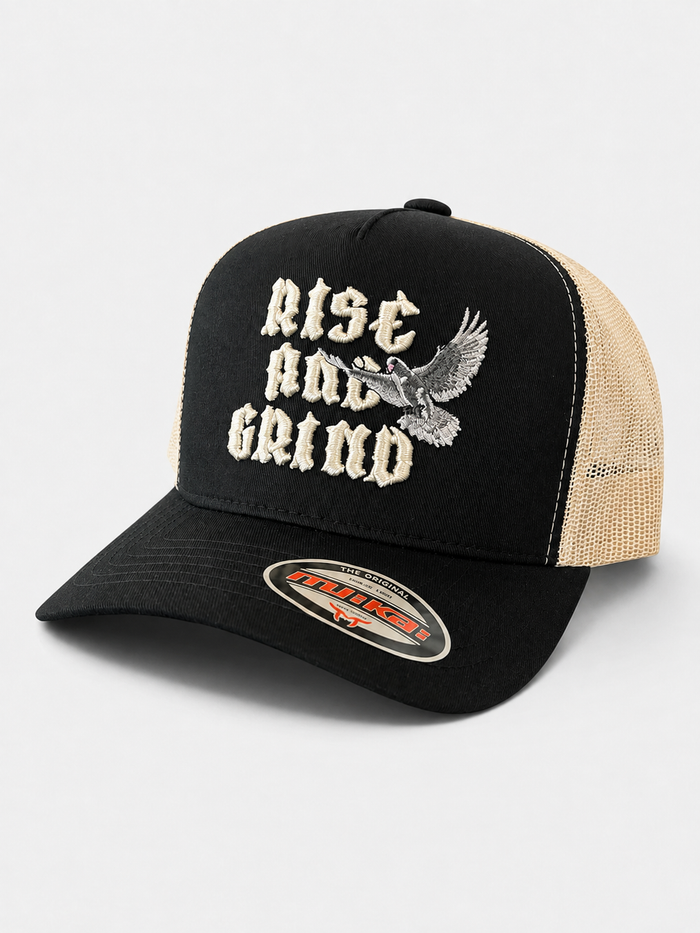 MUKA 'Rise And Grind Dove' Trucker Hat in Black/Ivory
