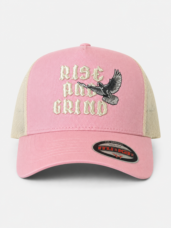 MUKA 'Rise And Grind Dove' Trucker Hat in Light Pink/Ivory