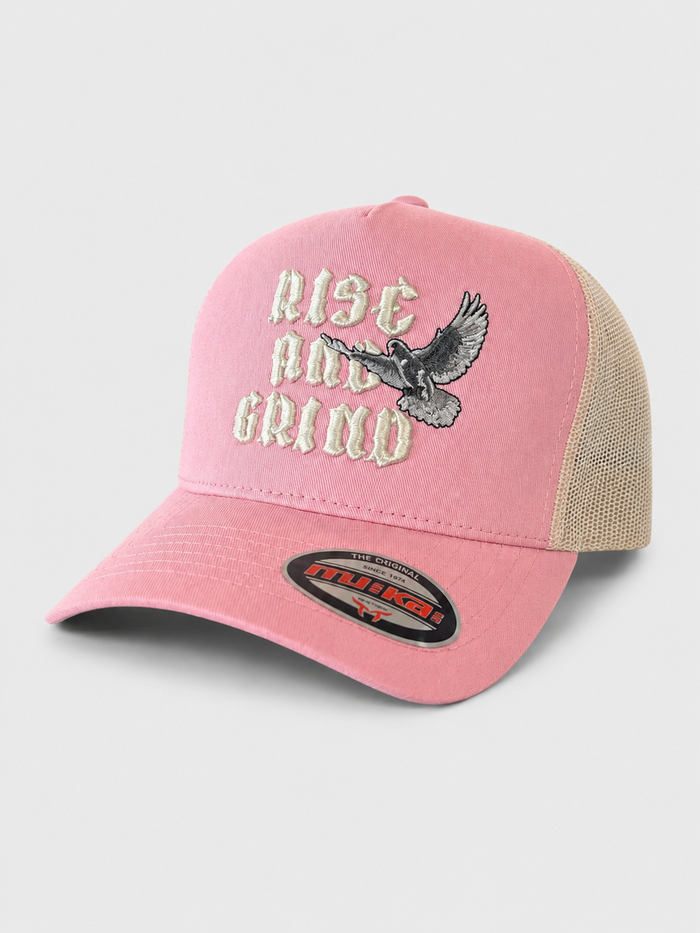 MUKA 'Rise And Grind Dove' Trucker Hat in Light Pink/Ivory