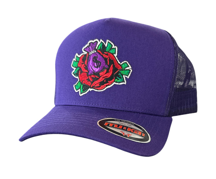 Purple Muka 'Rose' trucker hat with mesh back and curved brim, stylish accessories for casual wear.