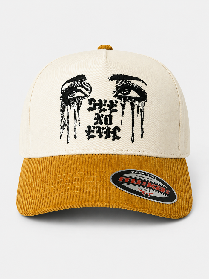 MUKA 'See No Evil' Corduroy Snapback Hat in Sand/Wheat