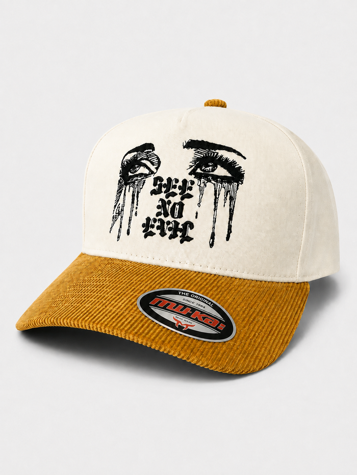 MUKA 'See No Evil' Corduroy Snapback Hat in Sand/Wheat