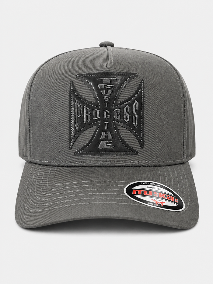 MUKA 'Trust The Process' Leather Snapback Hat in Dark Grey