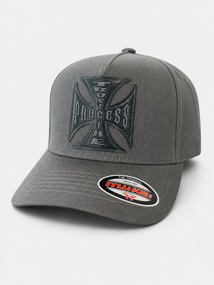 MUKA 'Trust The Process' Leather Snapback Hat in Dark Grey